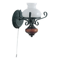 Oil lantern style switched wall fitting in a rustic finish with brown decoration complete with an op