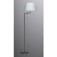 Black chrome plated swing arm floor lamp complete with white fabric shade. Height - 145cm Diameter -