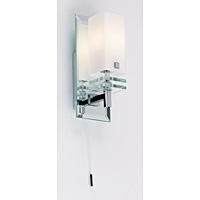 Modern switched bathroom wall light fitting with polished chrome trim and bevelled mirror backplate.