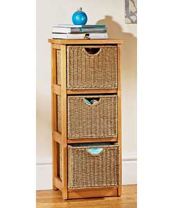 Pine finish solid wood frame with metal framed seagrass drawers.3 drawer multi purpose storage unit.