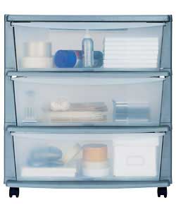 Silver plastic frame storage tower on castors with 3 clear plastic drawers.Plus 4 shoe boxes (WOW)Si