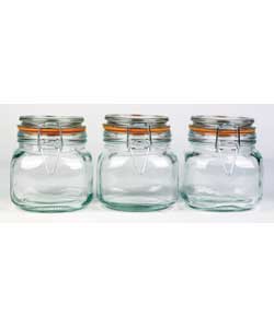 3 Piece Kilner Style Jar Set. Glass base and lid with rubber seals and metal catch. Airtight lids. H