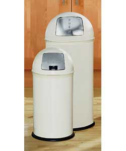 Stainless Steel.Touch top operated.Removable lid.Carrying handle.Metal bag loop.Size of 30 litre bin