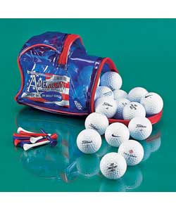 30 lake golf balls and 30 wooden golf tees.Contents may vary but may include the following