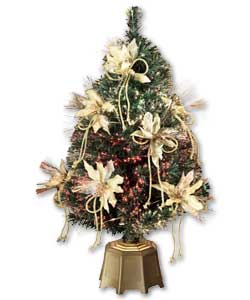 90cm fibre optic tree.Ready decorated with luxury poinsettias and clear shimmering effect fibre