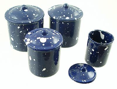 4 Blue Speckled Metal Containers