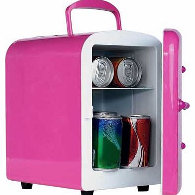 This versatile and lightweight four litre pink mini travel fridge can be placed in your bedroom. or you can take it with you on the go or tuck it under your desk at work. AC adaptor sold separately. car adaptor included. 1 shelf. Energy efficiency ra