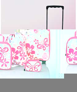 Includes wheeled bag, backpack, gym bag and purse.Pink. Polyester. Soft. Side closing catches. Packi