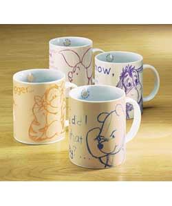 4 Winnie the Pooh Sketch Porcelain Mugs