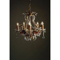 This is a unique 6 light bronze chandelier trimmed with clear crystal and pink/mustard flower decora