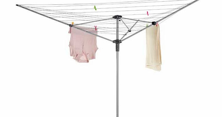 With 40m of drying space. this easy Lift Rotary Airer has 3 steel arms for even stability. Features include a line tension grip. ground socket. rotary cover and 24 pegs. Total drying space 40m. Holds 3 wash loads. Twist and lock lifting mechanism. St