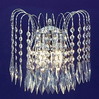 Unique wall fitting with over-lapping tiers of crystal on a decorative chrome frame. Height - 22cm D