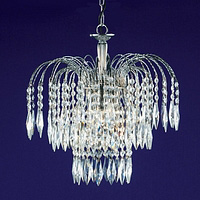 Unique chandelier with over-lapping tiers of crystal on a decorative chrome frame. Height - 46cm Dia