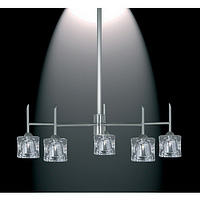 Satin silver ceiling fitting with a vertical arm attached to horizontal arms with clear ice cube gla