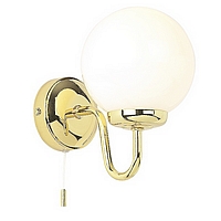 Gold plated wall fitting with an opal glass globe. This fitting is suitable for bathroom zone 3. Hei