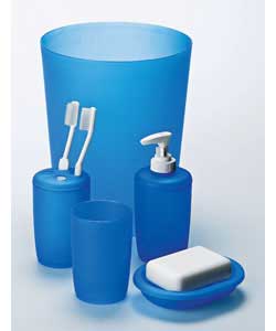 Blue plastic soap dispenser, tumbler, toothbrush holder, soap dish and dustbin.