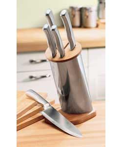 Unbranded 5 Piece Stainless Steel and Natural Wood Knife Block Set