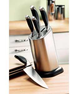 Includes:Carving, Bread, Chef, Paring, Utility knives.Welded blades.Knife block is made of rubberwoo