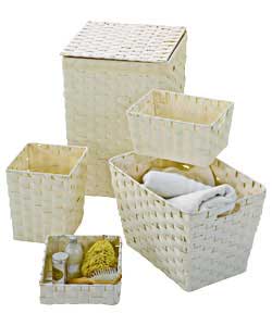 Set comprises linen bin, floor basket, waste bin, storage tray, shelf basket. Linen bin capacity 70 
