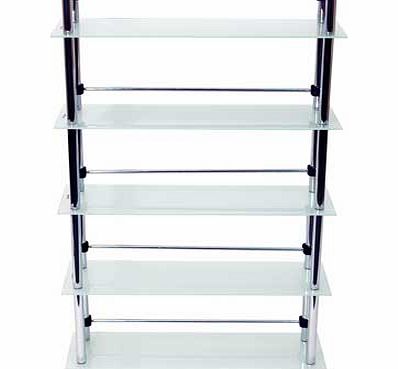 A clear glass and chrome display storage shelf ideal for DVD. CD. books etc. Five tempered glass shelves with slim-line 22mm chrome supports and rear height adjustable crossbars. Capacity 250 CDs or 165 DVDs/Blu-rays/computer games. Space between she