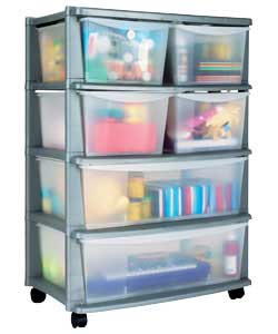 Silver plastic frame storage tower on castors with 2 wide clear plastic drawers and 4 standard size 