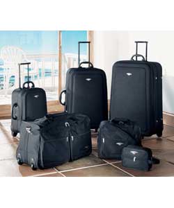 Black polyester set comprising 3 expandable trolley cases, wheeled holdall, expandable flight bag