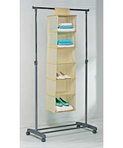 Cream polypropylene non woven 6 shelf storage unit.Can be used in wardrobes or with tidy rails.Hook 