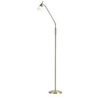 Touch dimmable satin brass floor lamp with an adjustable arm and frosted glass shade. Height - 158cm