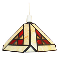 A traditionally styled tiffany non electric ceiling pendant with amber red and clear glass panels. E