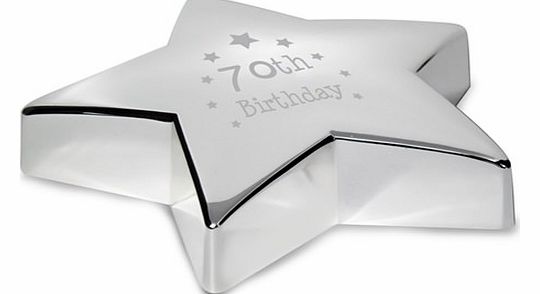 70th Birthday Engraved Star Paperweight The 70th Birthday Star Paperweight has 70th Birthday engraved on the top with stars. The paperweight measures around 10.6 cm x 10.6 cm x 2.2 cm. It is nickel plated. This paper weight gift takes around 1-3 work