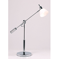 Contemporary and stylish polished chrome halogen desk lamp with adjustable arm and opal glass shade.