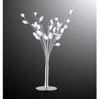 Modernistic polished chrome table lamp with branching arms and delicate white leaf shaped glass piec