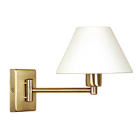 Stylish antique brass wall light fitting with single swing arm complete with white shade and on/off 