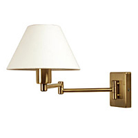 Stylish antique brass wall light fitting with double swing arm complete with white shade and on/off 