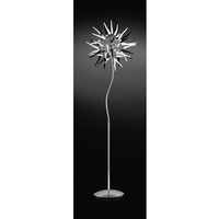 Modern polished chrome floor lamp with spiralling arms off a centre sphere and delicate black and wh