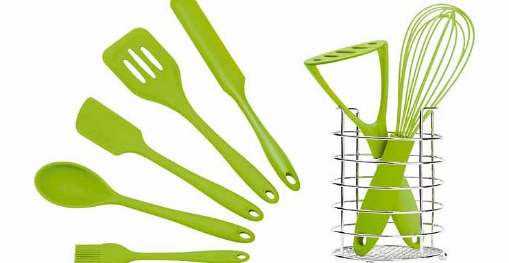 This 8 piece set of utensils does everything you need when cooking and serving a meal. The silicone design will ensure they wont scratch any non-stick surfaces and the bright green design will brighten up any kitchen! Set includes: Utensil caddy. Ser