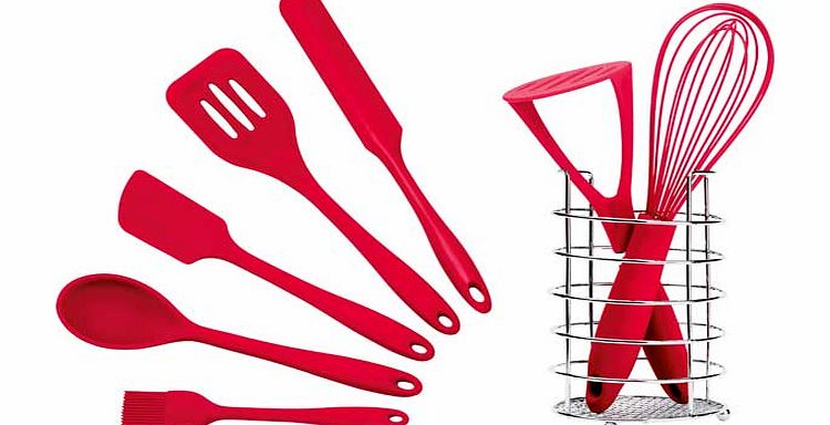 This eight piece set of utensils does everything you need when cooking and serving a meal. The silicone design will ensure they wont scratch any non-stick surfaces and the bright red design will brighten up any kitchen! Set includes: Utensil caddy. L