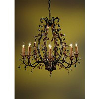 This 8 arm antique gold chandelier has a floral design frame with clear and amber crystal droplets. 