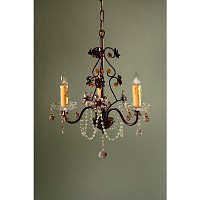 This is a stylish chandelier with its subtle floral design and pink crystal droplets and trimmings. 