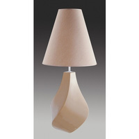 Stylish twist styled ceramic table lamp in a taupe gloss finish complete with co-ordinating brown fa