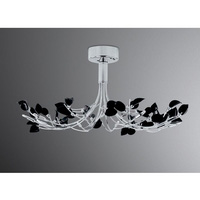 Modernistic polished chrome ceiling fitting with curving arms and delicate black leaf shaped glass p