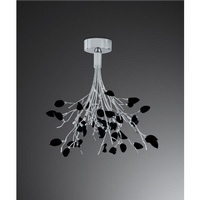 Modernistic polished chrome ceiling fitting with branching arms and delicate black leaf shaped glass