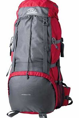 This rucksack has two side mesh pockets. a top cap section with a zipper pocket and two rigid poles for an inner back system. The base section has an internal draw cord opening and an exit hole for a hydration pack bladder hose. There are also webbin