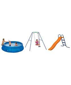 Water capacity 2300litres. For ages 6 years and over. Size (H)66, Diameter 244cm.6ft wavy slide