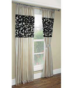 Unbranded 90 x 90in Flock Leaves Lined Curtains- Black/Cream