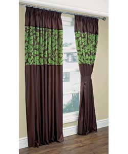 Unbranded 90 x 90in Flock Leaves Lined Curtains- Chocolate/Green