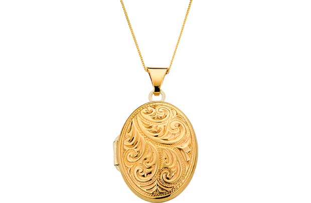 A locket pendant that holds up to 4 photos. 9ct yellow gold. Length of necklace 46cm/18in. Pendant size H21