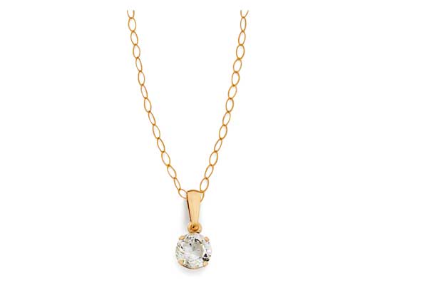 A single cubic zirconia set on a fine 9ct gold necklace. 9ct yellow gold. Cubic zirconia set pendant. Length of necklace 41cm/16in. Pendant diameter 5mm. EAN: 2198305.