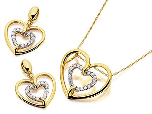 Unbranded 9ct-Gold-Diamond-Double-Heart-Pendant-Chain-And-Earring-Set--0.25ct-048683