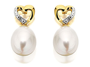 Unbranded 9ct-Gold-Large-Freshwater-Pearl-And-Diamond-Heart-Drop-Earrings-071456